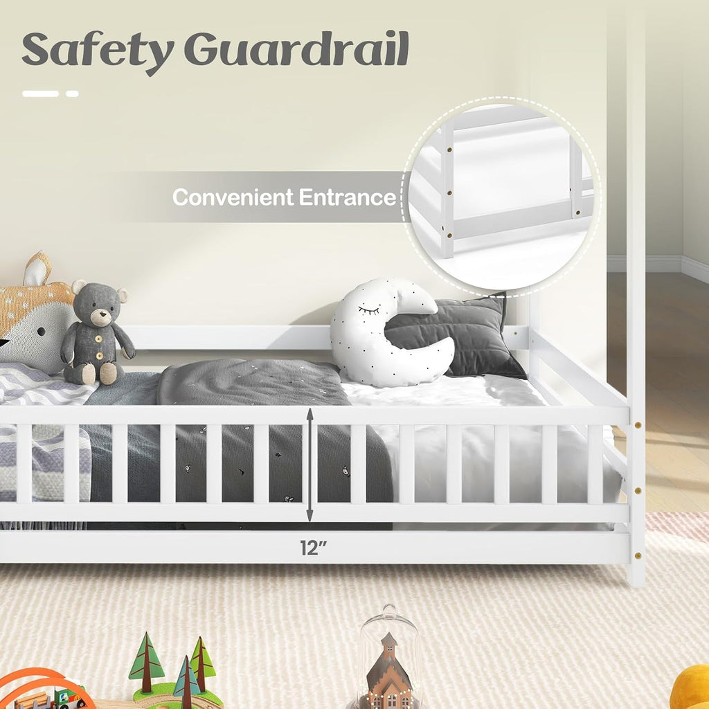 Twin Size Floor House Bed, Wooden Montessori Bed with Roof & Full-Length Safety Guardrail, Floor Playhouse Bed Frame