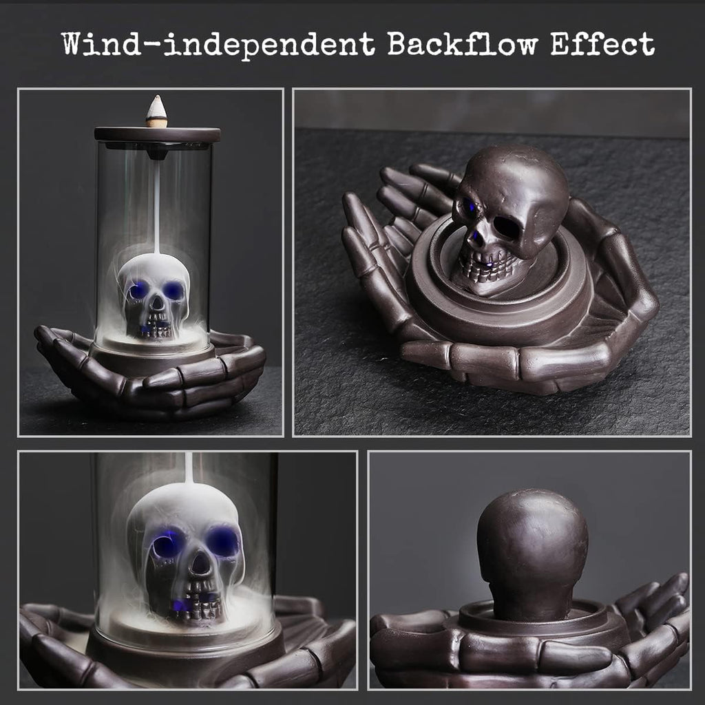 Skull Incense Burner Holder - Backflow Waterfall , LED Ceramic Unique Skeleton Incense Burner with 15 Incense Cones