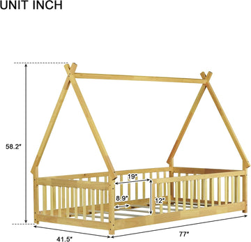 Twin Size Floor BedFrame for Kids, Wooden Montessori Floor Beds, Tw Bed for Kids Girls Boys, Tent beds, Natural