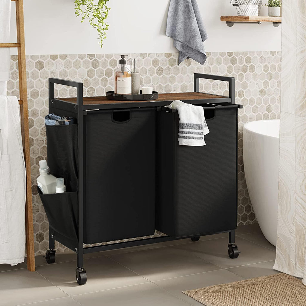 Double Laundry Hamper with Wheels, Rolling Laundry Basket Organizer | Laundry Hamper 2 section with Lid, Iron-Made