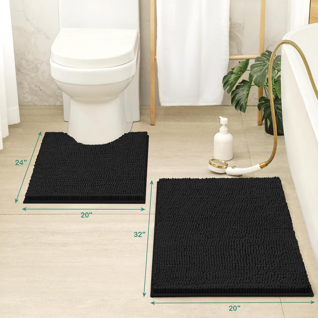 Black Bathroom Rug Sets 2 piece, Ultra Soft Non Slip Absorbent Chenille Toilet Bath Mat Set (Black)