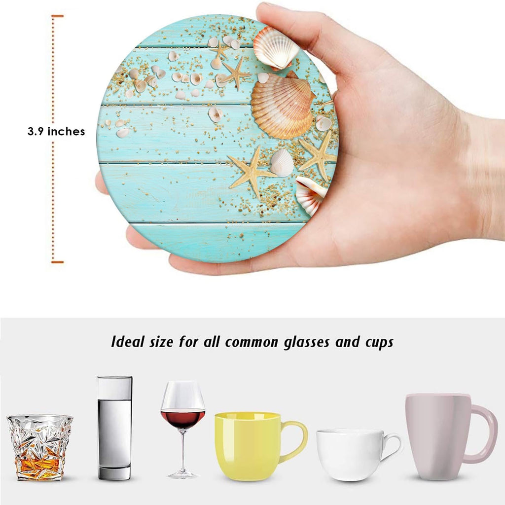 Coasters for Drinks, Set of 6, Ceramic Stone, Coastal Beach