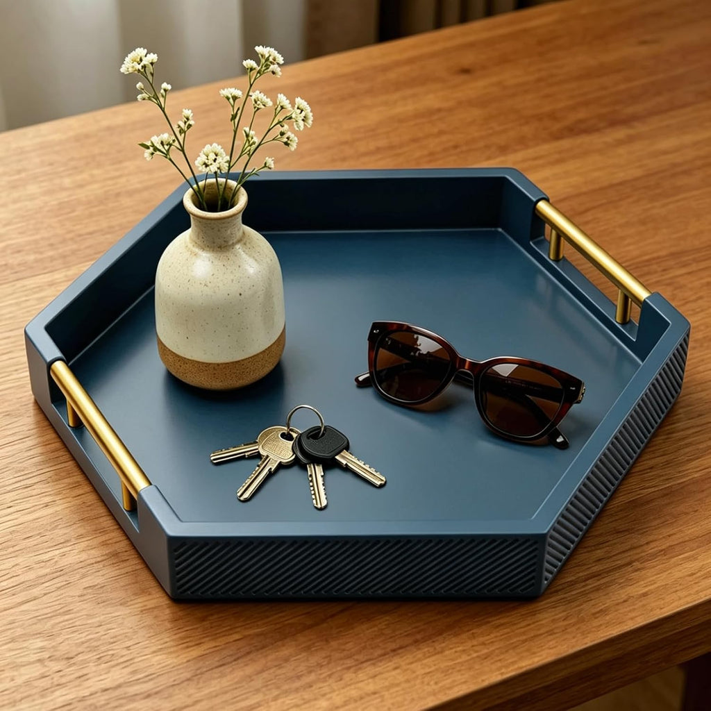 Hexagon Decorative Serving Tray with Polished Gold-Tone Metal Handles, Black Glossy Finish, Large Ottoman and Coffee