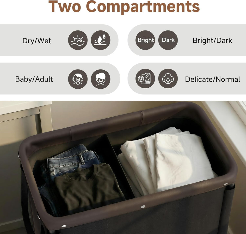 2 Section Laundry Hamper, 100L Black Sorter Cart with Wheels