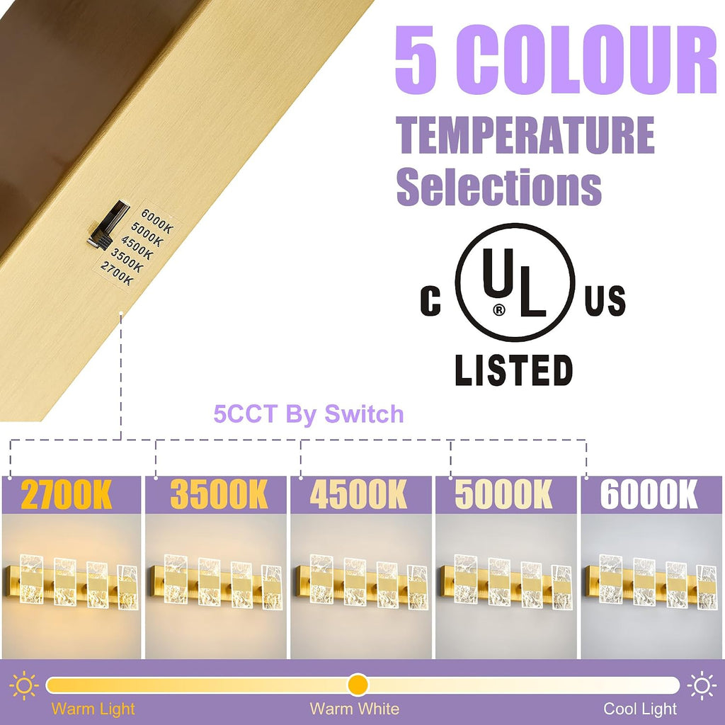 Modern LED Bathroom Light Fixtures Dimmable 4-Light Gold Vanity Light | 5CCT Adjustable Lighting Fixture Vanity
