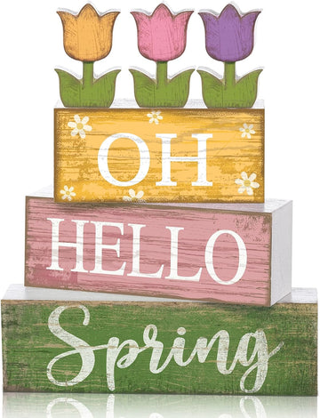 Hello Spring Decoration Wooden Tulip Tiered Tray Decor Spring Centerpieces for Table Double Side Flower Wooden - Set of 9