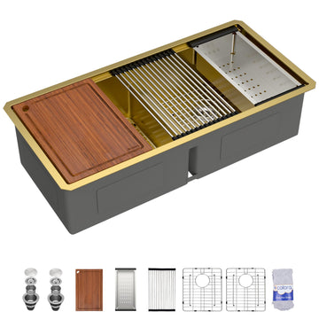 39"x19" Large Gold Undermount Double Bowl Kitchen Sink Workstation