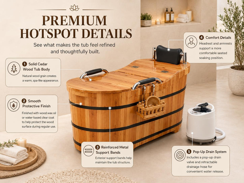 Cedar Wood Soaking Tub for Adults, Freestanding Wooden Bathtub with Lid & Steamer, Deep Japanese Style Bath Tub with
