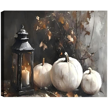 Framed Autumn Pumpkin Painting Prints on Canvas 20x30in, White Pumpkin Still Life Artwork with Rustic Farmhouse