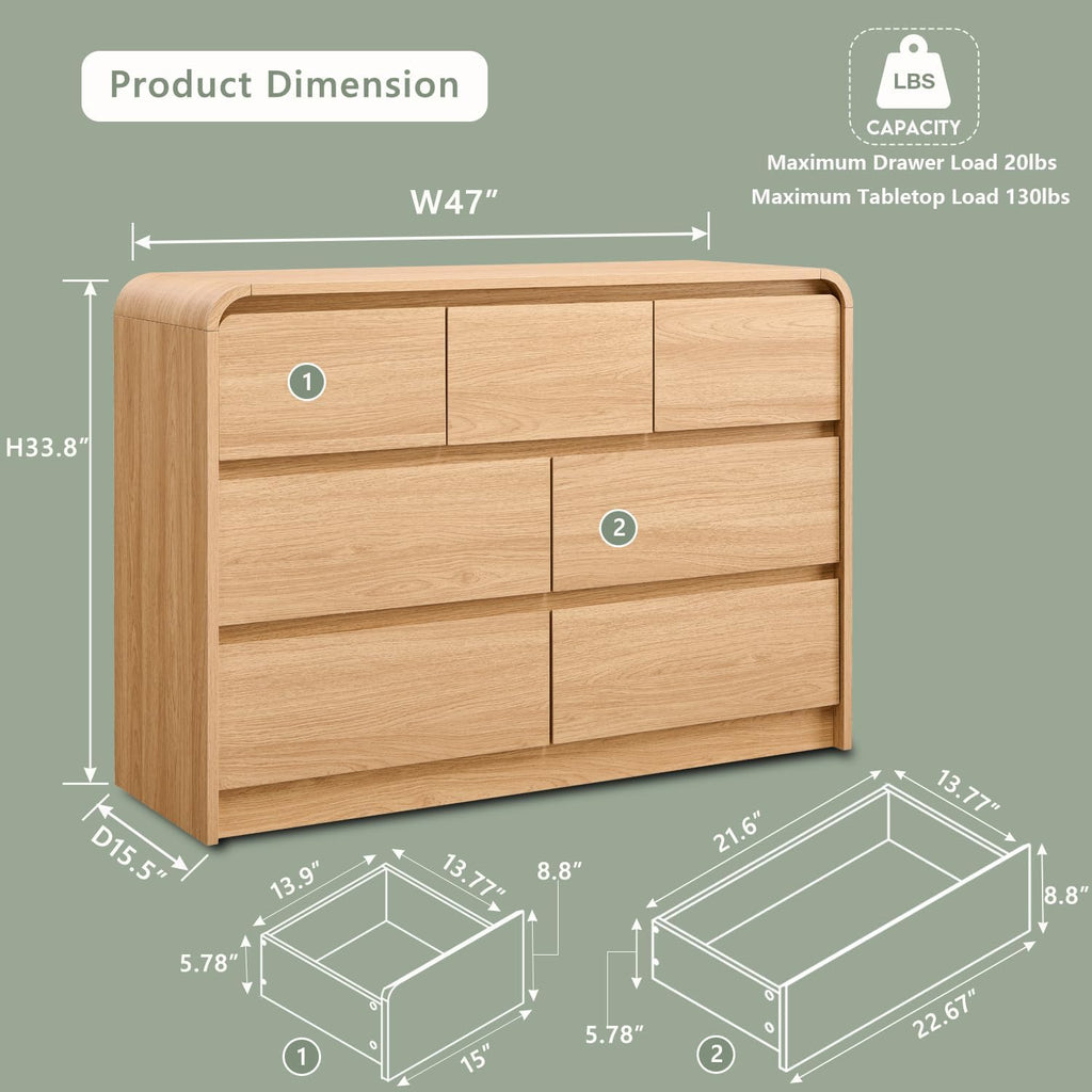 Modern 7 Drawers Dresser , 47" Wide Wood Dressers & Chests of Drawers w/Curved Profile Design, Mid Century Modern