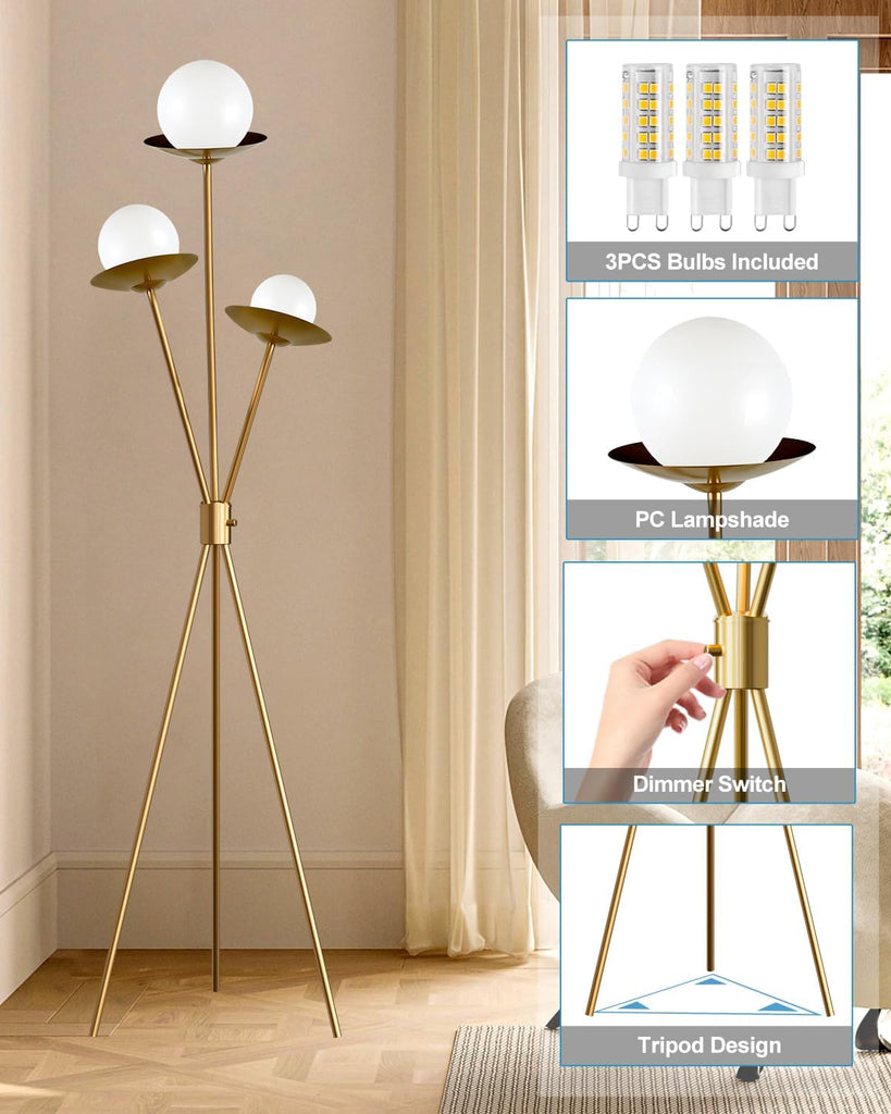 Tripod Floor Lamp Dimmable Globe Floor Lamps with 3 LED Bulbs Included