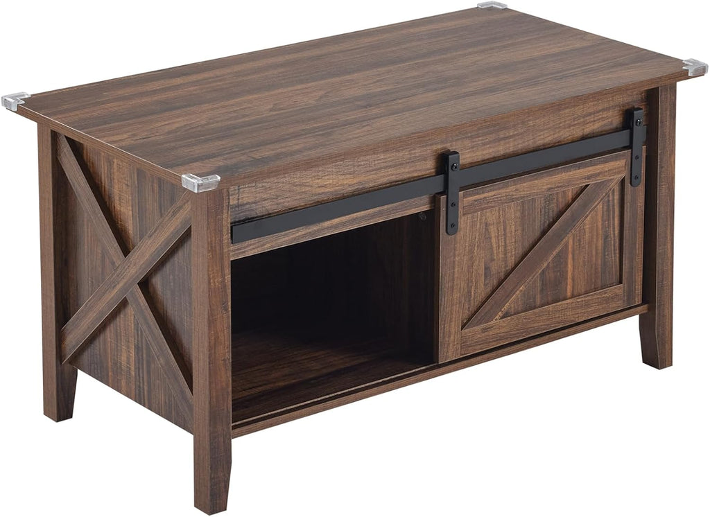 Farmhouse Lift Top Coffee Table, Rustic Grey with Storage Shelf/Hidden Compartment, Mesa De Centro para Sala