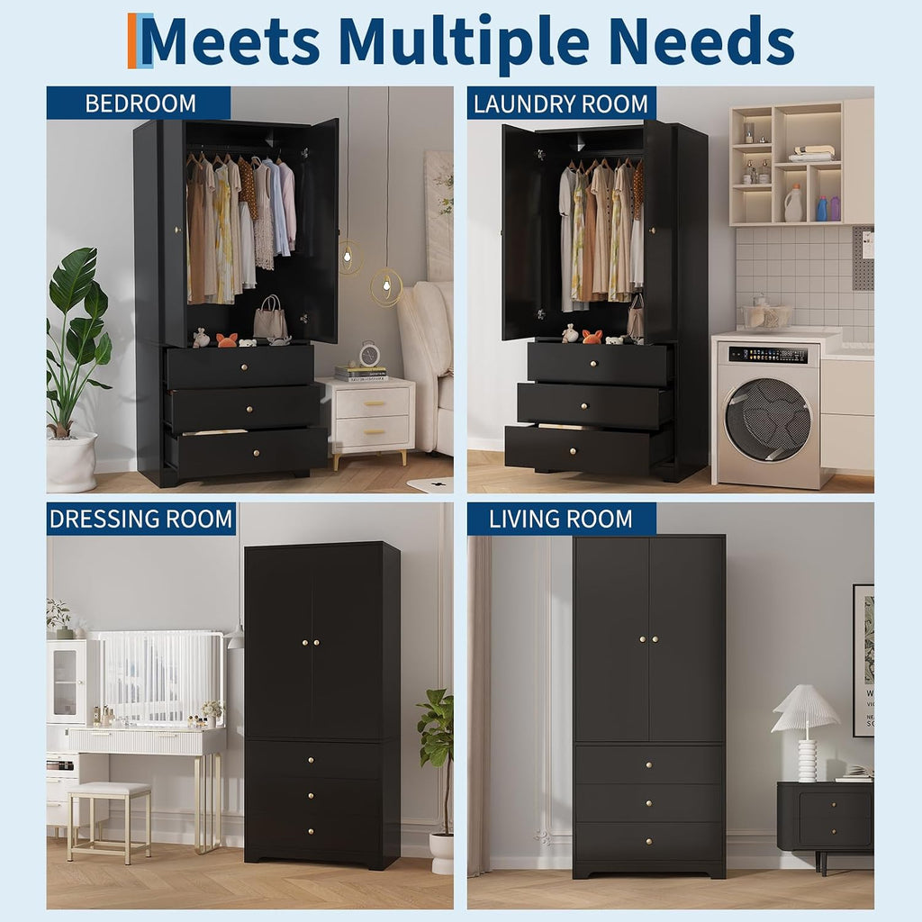71" Armoire Wardrobe Closet, Bedroom Armoire Clothing Storage Cabinet | 3 Drawers & 2 Doors and Adjustable Shelves