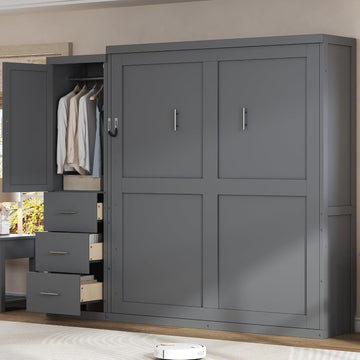 Queen Murphy Bed with Storage Wardrobe and Drawers,Solid Wood Farmhouse Murphy Wall Bed Cabinet with Drawers for Bedroom Office Guest Room,Foldable (Gray,Queen)
