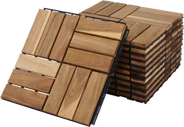 12" x 12" Square Wood Interlocking Flooring Tiles, Pack of 10 Tiles, 10 PCS Interlocking Deck Tiles, Acacia Hardwood