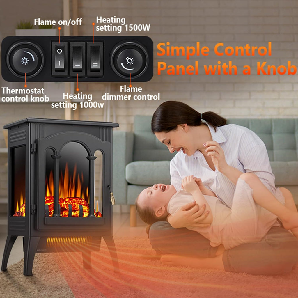 16 Inch Freestanding Electric Fireplace Stove Heater, 1500W Infrared Space Heater with Thermostat and Cool Touch Exterior