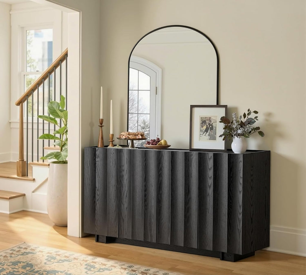 61.7" Fluted Sideboard Buffet Cabinet with Storage, Black | Mid Century Modern Credenza with Adjustable Shelves