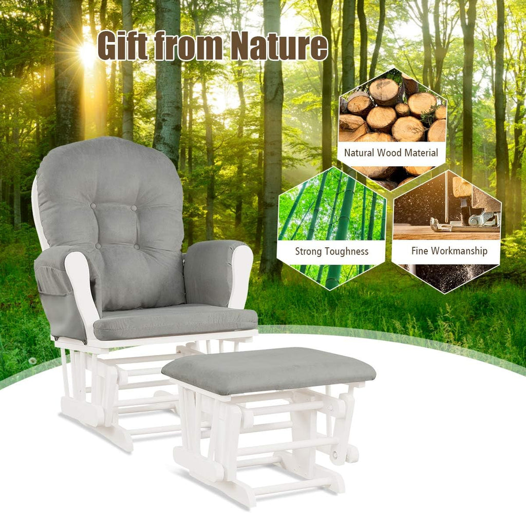 Nursery Glider with Ottoman, Upholstered Comfort Glider Rocker with Padded Cushion, Storage Pocket, Solid Wood Base
