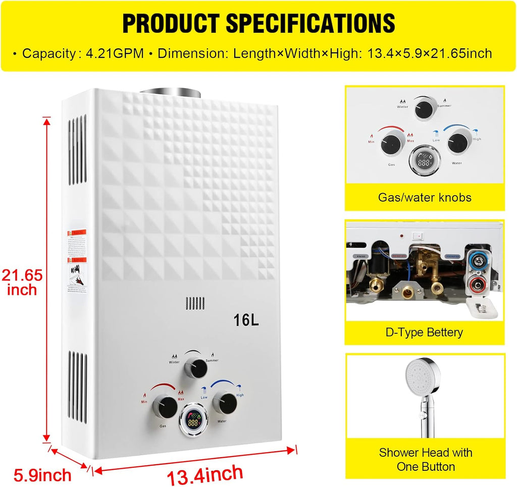Tankless Water Heater Propane 4.21GPM 16L Outdoor Portable GasHot Water Heater Instant Propane Water Heater with