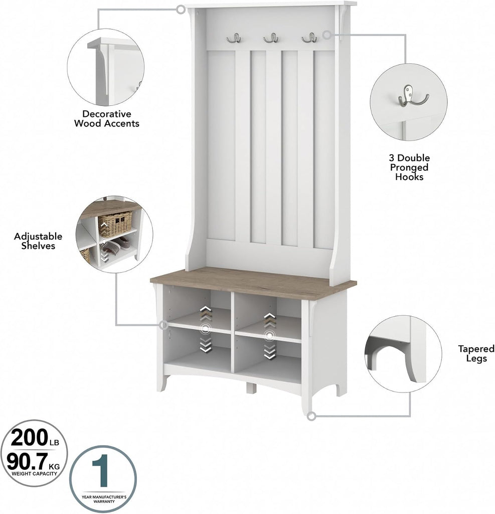 Salinas Hall Tree with Shoe Storage Bench in Shiplap Gray and Pure White, Multi-Purpose Home Organizer, Entryway