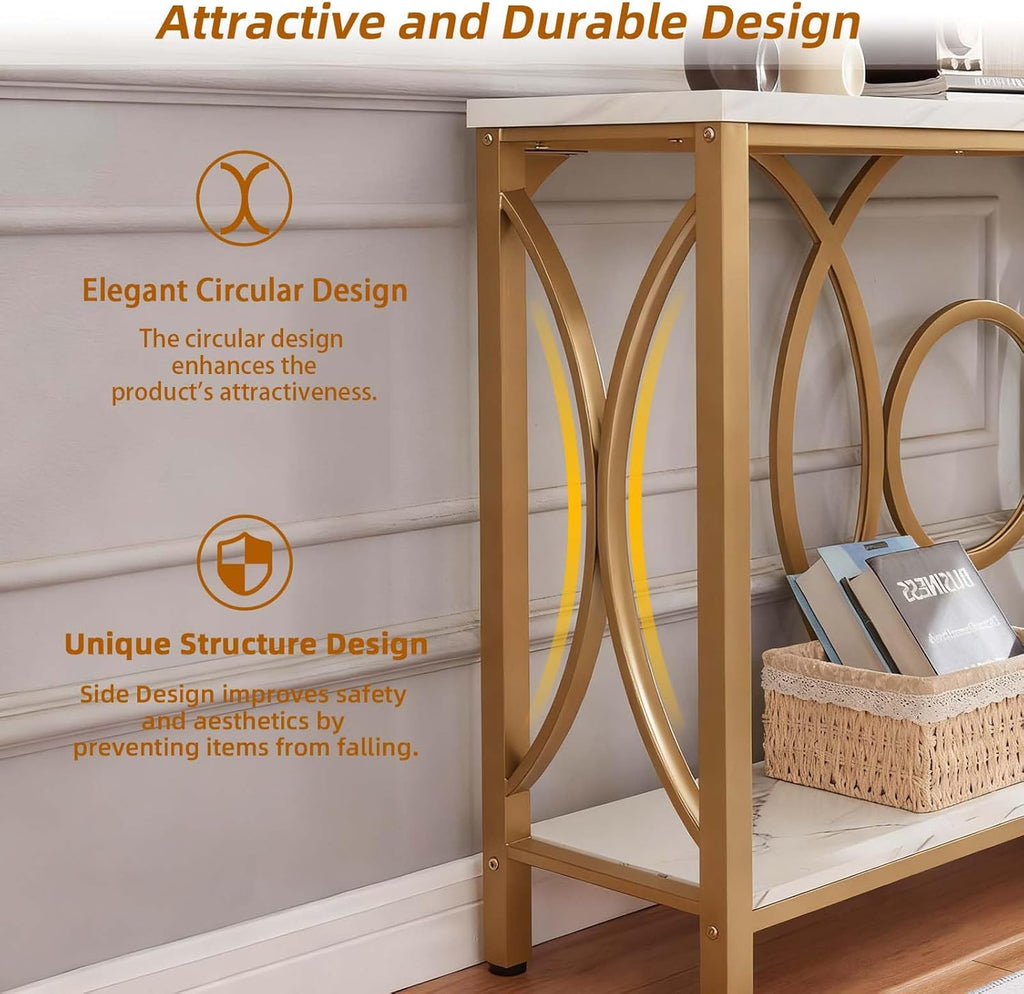 Sofa Console Table, Modern Gold Console Table with Faux Marbled Tabletop, Engineered Wood Entryway Tables with 2 Tier