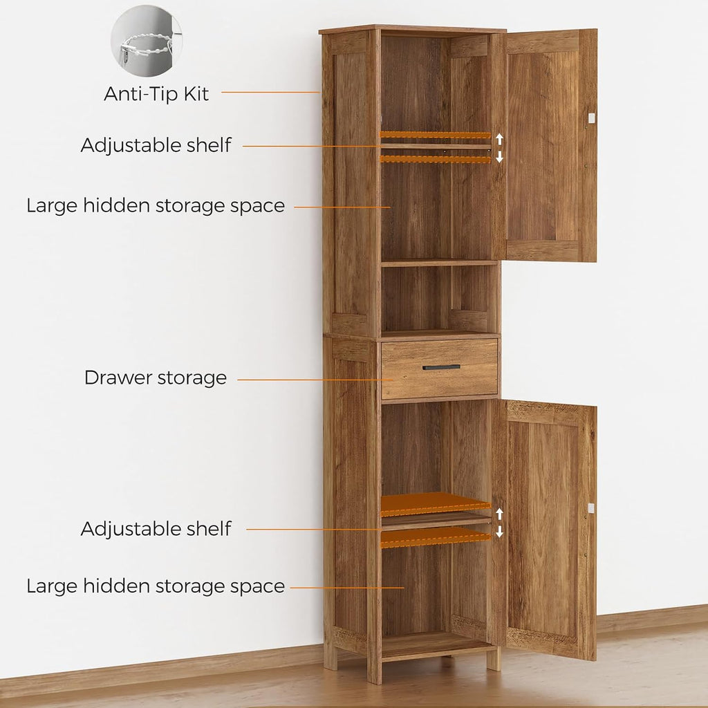 67" H Tall Bathroom Storage Cabinet with Barn Doors and Drawer | Narrow Storage Unit with Adjustable Shelves, Floor