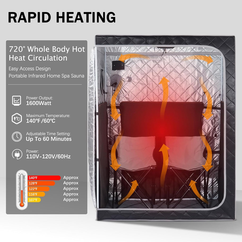 Portable Infrared Sauna for Home Spa 2 Person Full Size Personal Far Infrared Sauna Box with 2 Foldable