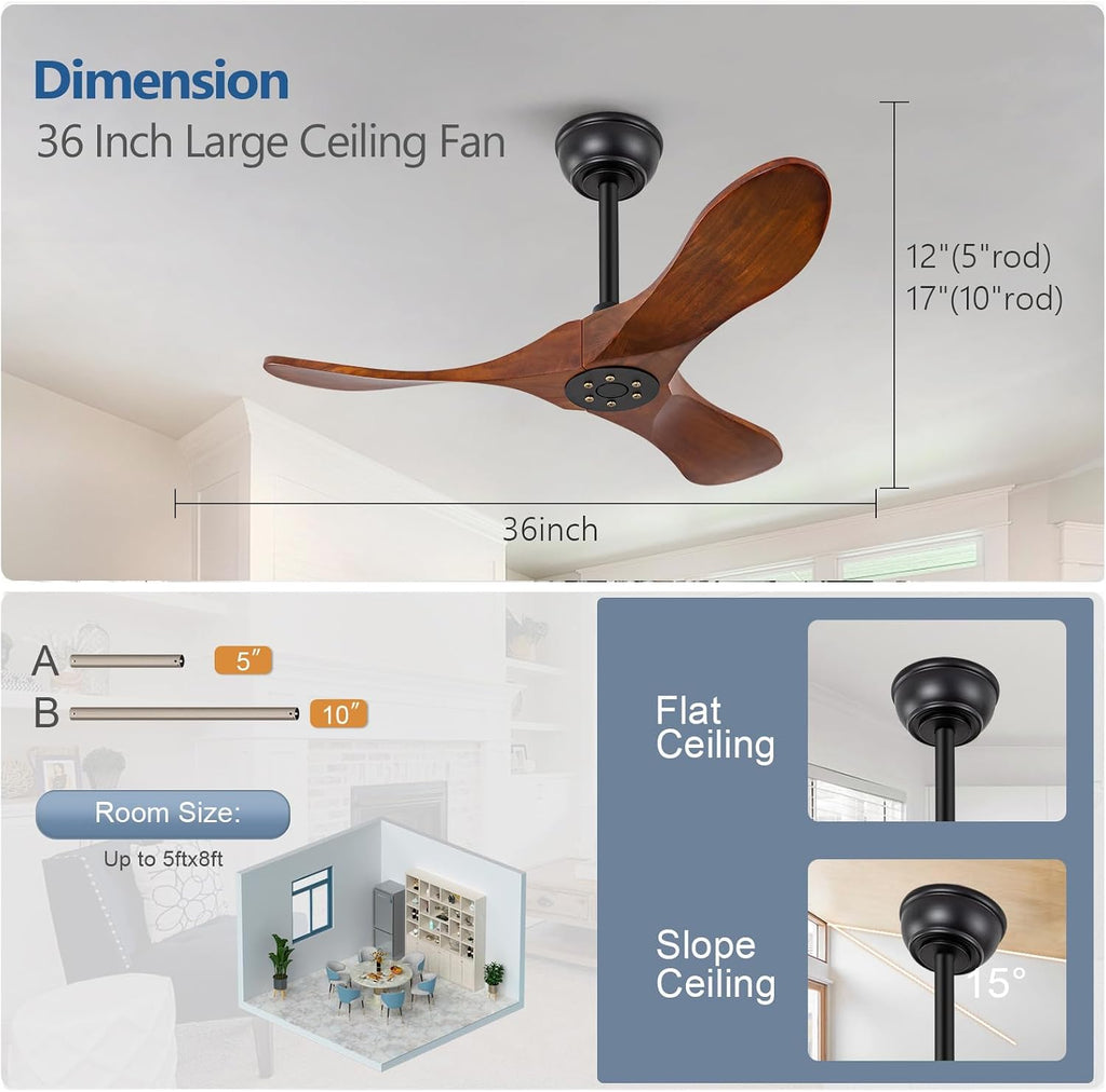 Inspired Maverick Style 36 Inch Solid Wood Ceiling Fan with Remote,Ceiling Fan no Light,6 Speeds,Noiseless,Reversible DC Motor,Modern Ceiling Fans without Lights for Living Room Bedroom Farmhouse,Patios