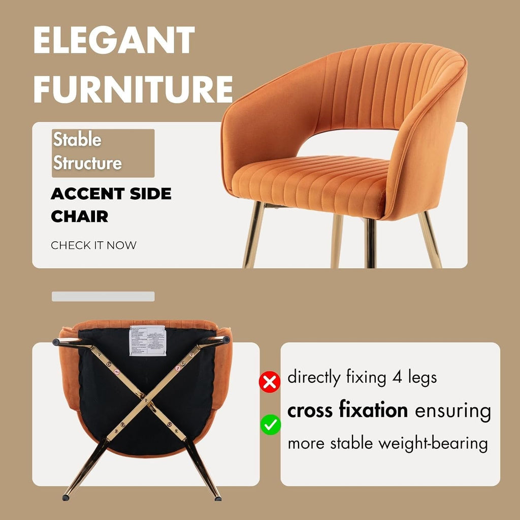 Orange Velvet Dining Chairs Set of 4, Modern Gold Legs Dining Room Chairs with Hollow Back, Upholstered Accent