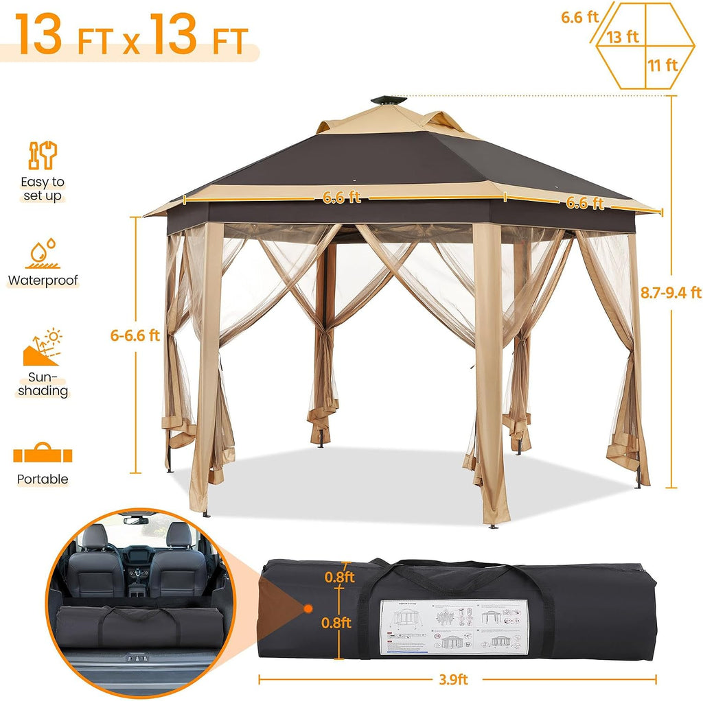 13×13 Pop-Up Patio Gazebo Tent W/Mesh Netting Sides & 25 Solar LED Lights