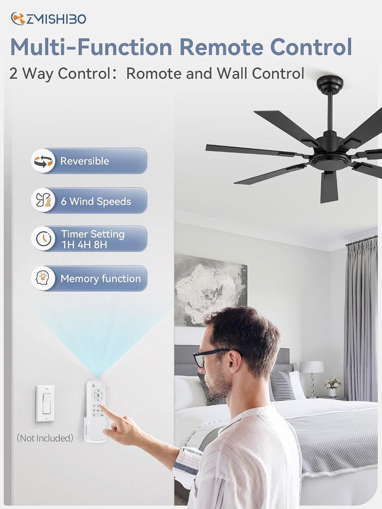 52“ Ceiling Fans No Light with Remote, Black Modern Ceiling Fan Without Light, Quiet Reversible DC Motor, 6 Speeds
