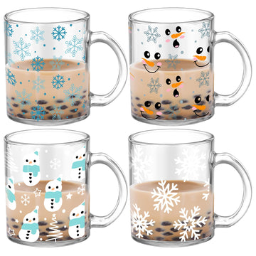 4 Pcs Christmas Snowman Glass Mugs, 12 oz Winter Coffee Cups