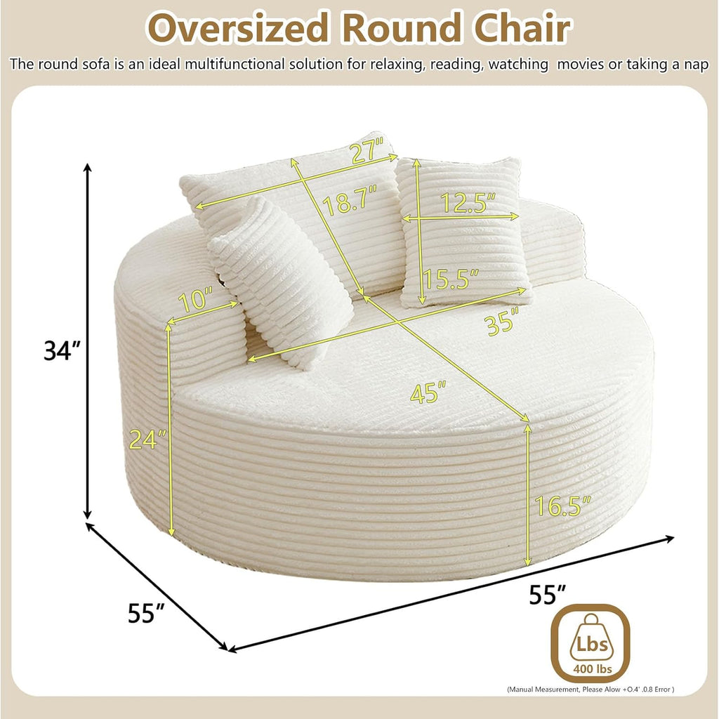 55''L Oversized Round Chaise Longue Chair Indoor, Corduroy Sponge Single Sofa, Oversized Round Chairs, Modern Sleeper