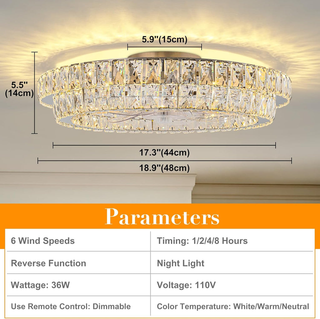 Fandelier Ceiling Fan with Lights and Remote Control Dimmable Crystal Ceiling Fan LED 3 Color 6 Speeds Chandelier Fan