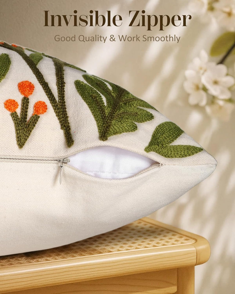 Embroidered Throw Pillow Cover 18x18 Inch - Spring Summer Boho Decorative Pillow Cover with Zipper
