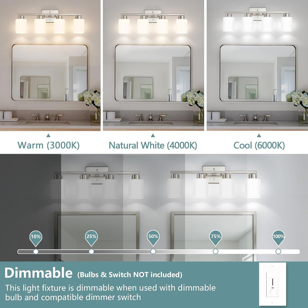 Brushed Nickel Bathroom Light Fixtures, 4-Light Modern Vanity Lights with Milky White Frosted Glass Shades, Wall