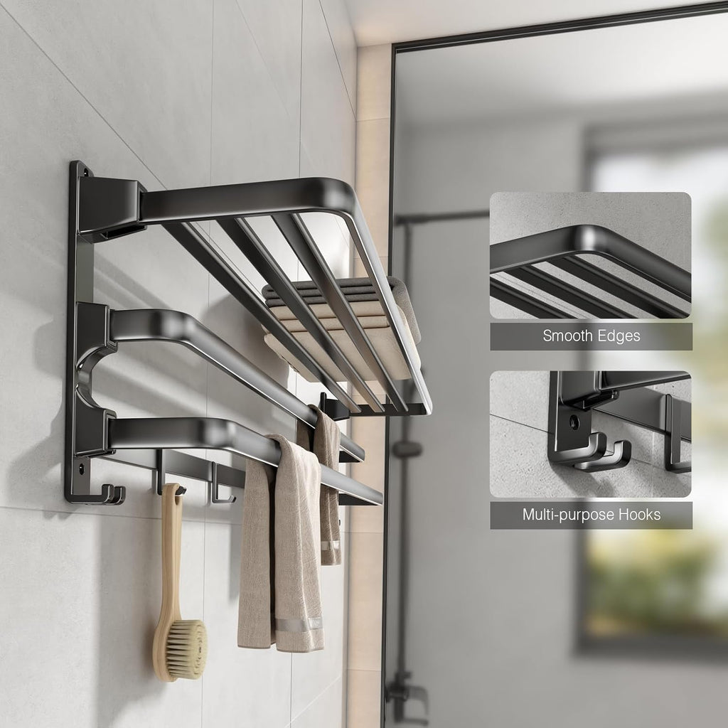 24-Inch Towel Rack,Bathroom Towel Shelf with 2 Towel Bar Foldable Towel Holder with 7 Hooks Towel Storage Organizer &