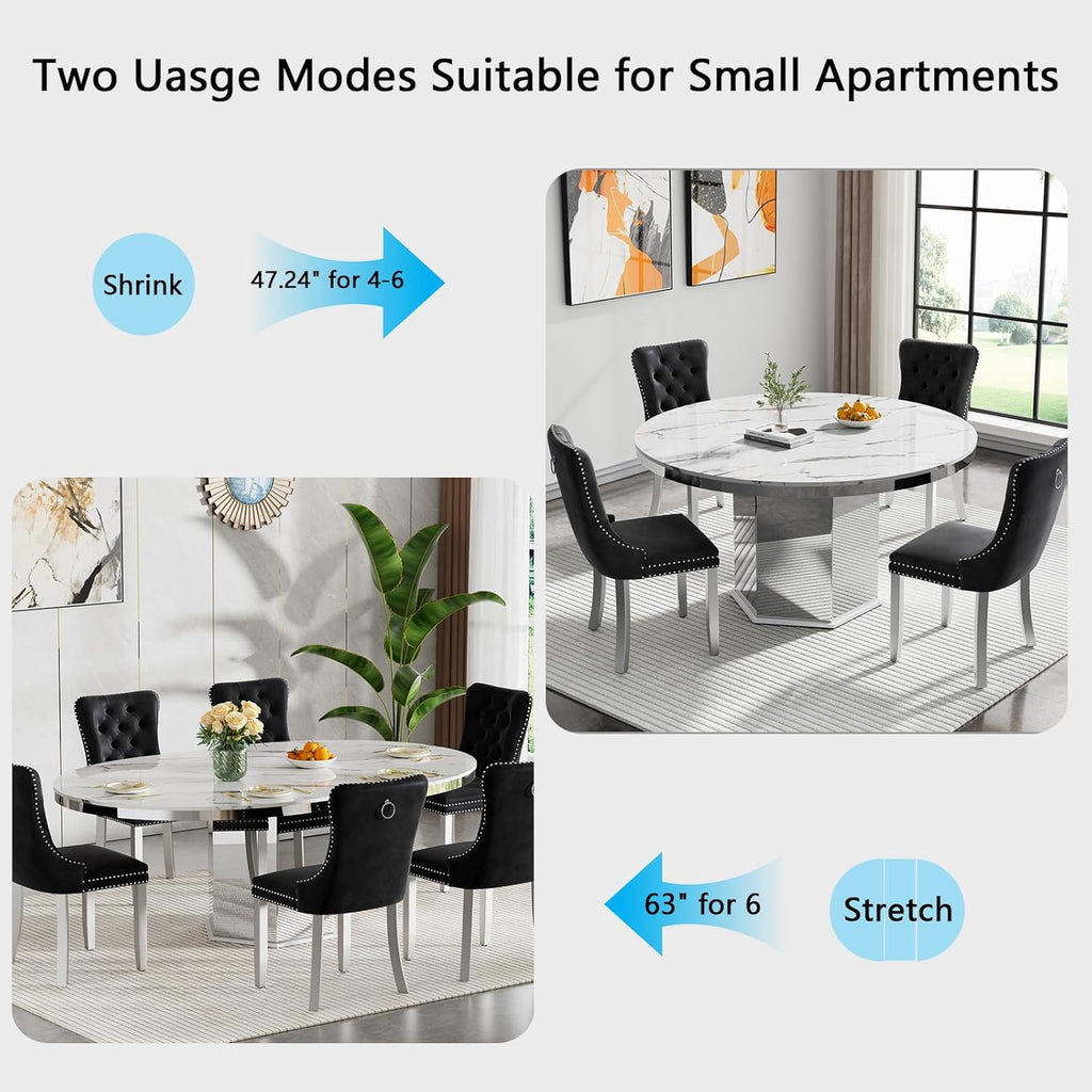 Modern 47"-63" Round White Faux Marble Extendable Dining Table for 4-6, Luxury Round Dining Room Table, Kitchen
