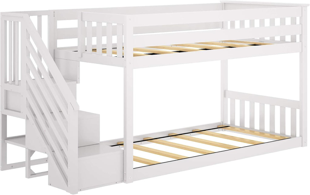 Low Bunk Bed, Twin-Over-Twin Bed Frame For Kids With Stairs, White