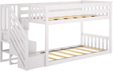 Low Bunk Bed, Twin-Over-Twin Bed Frame For Kids With Stairs, White