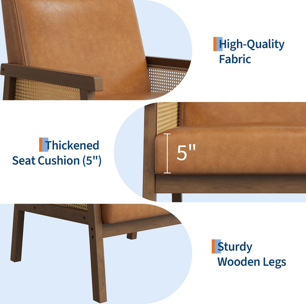 Rattan Accent Chair with Wooden Frame and High Back, Brown