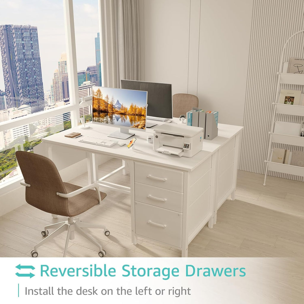 White Desk with File Drawers Cabinet, 47 Inch Reversible Computer Desk with Fabric Filing Cabinet Small Space Home