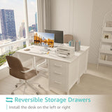 White Desk with File Drawers Cabinet, 47 Inch Reversible Computer Desk with Fabric Filing Cabinet Small Space Home