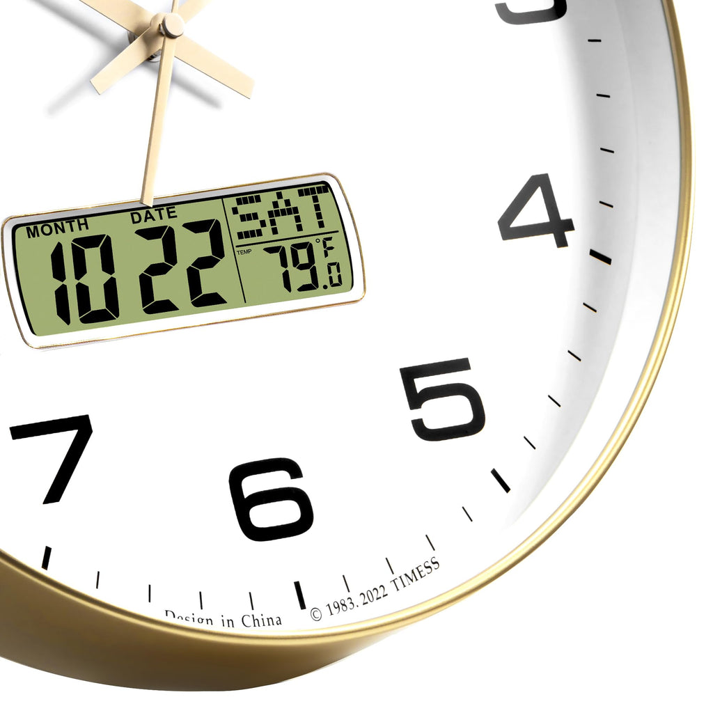 Wall Clock, 14" Large Dial Non-Ticking Silent Battery Operated Analog with LCD Display for Perpetual Calendar and F°