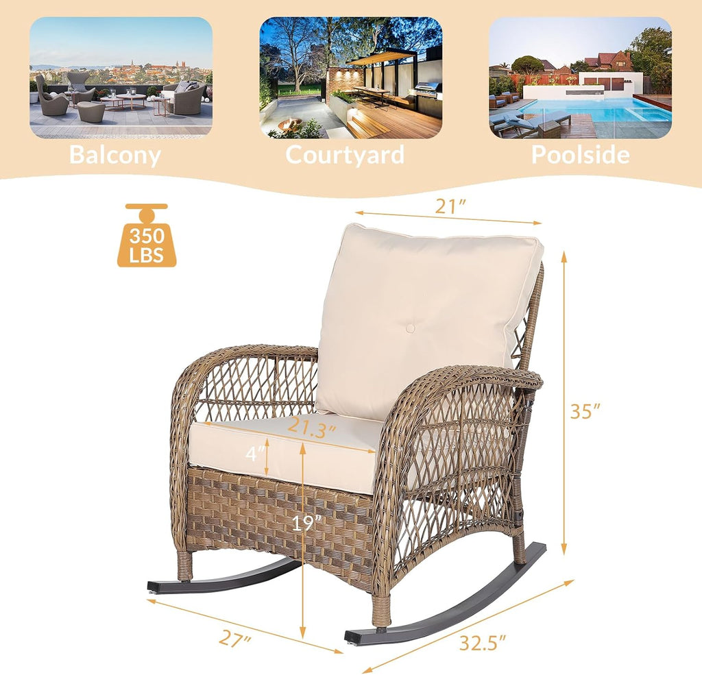 Outdoor Wicker Rocking Chair with Thickened Cushions, All-Weather Rattan Patio Rocking Chairs, Rocker Wicker Chair