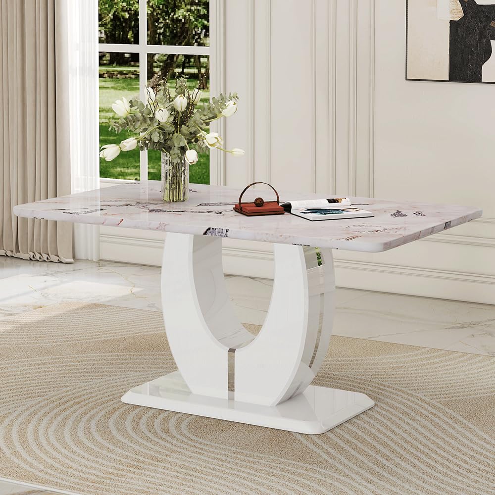 63" Faux Marble Dining Table, Modern Rectangular Kitchen Table with 1.65'' Thick MDF Tabletop, Rounded Corners