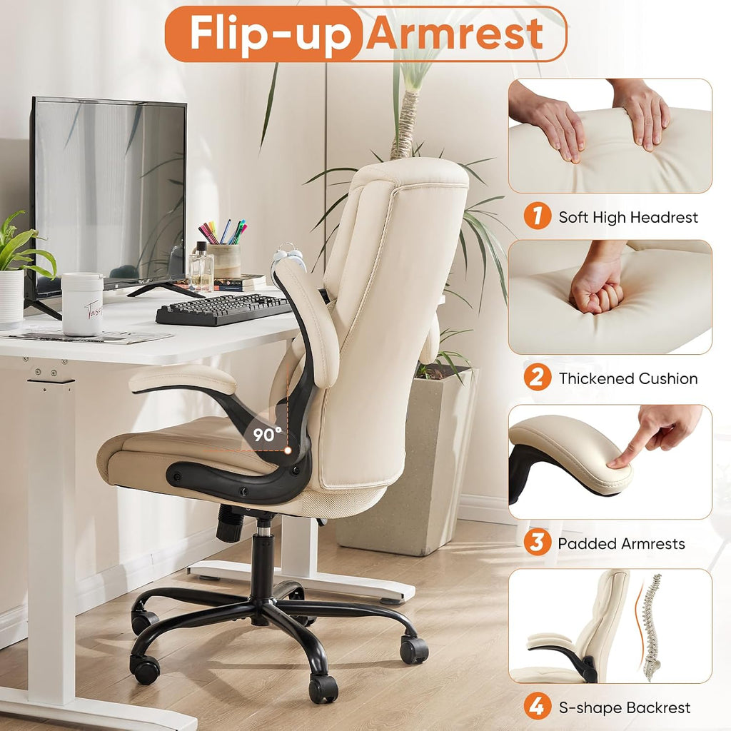 Office Executive Chair - Heavy Duty High Back Home Desk Chair with Flip-up Armrest, PU Leather, Height Adjustable & Swivel Rolling with Wheels, Beige