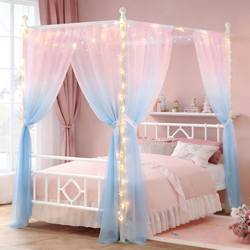 Twin Canopy Bed Frame with Storage Headboard,Noise-Free,White | 4 removable posts for dual-purpose style,Sturdy metal