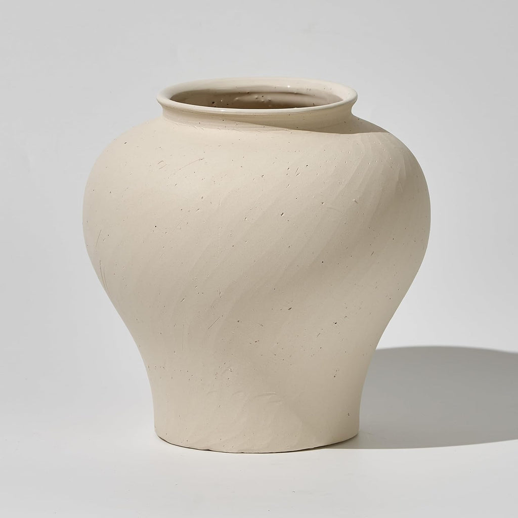 White Ceramic Rustic Vase, 9.7" Tall Zen Style Terra Cotta Pitcher, Distressed Farmhouse Decor, Pottery Decorative