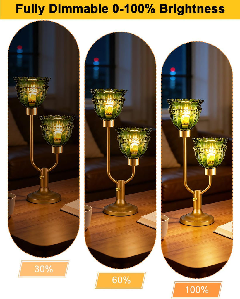 Mid Century Modern Glass Green Table Lamp 2-Light Gold Dimmable Desk Lamps with Crown Glass Shade & 3000K Warmwhite